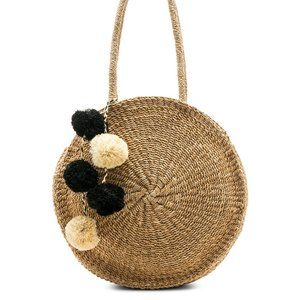 NWT Kayu Sienna Straw Circle Bag in Natural with Black and Ivory Pom Poms